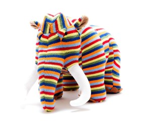 Knitted multi stripe woolly mammoth dinosaur soft toy